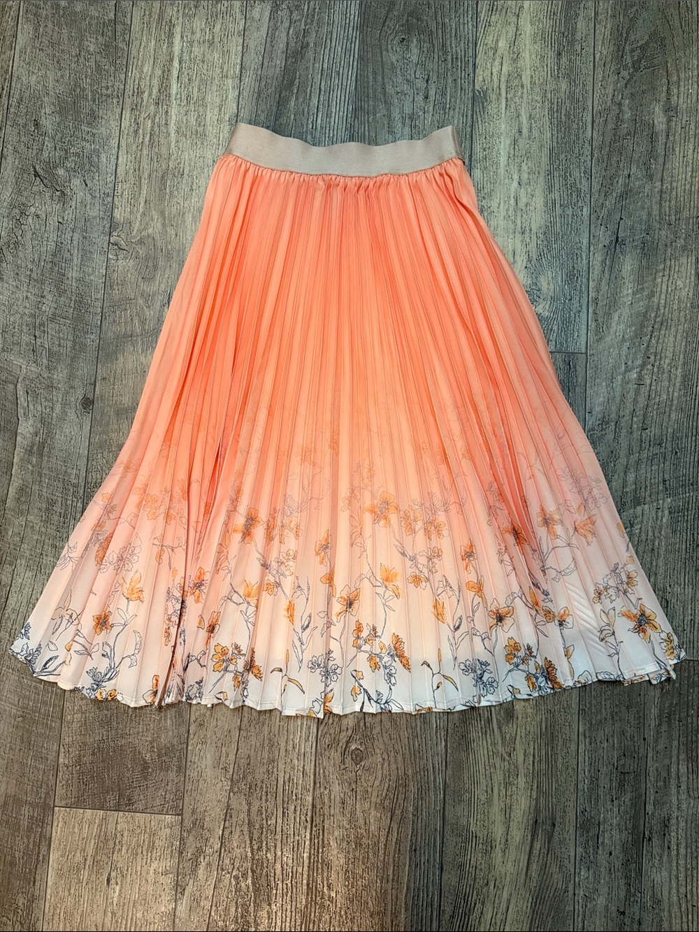 Pleated Coral Ombre Floral Midi Skirt
